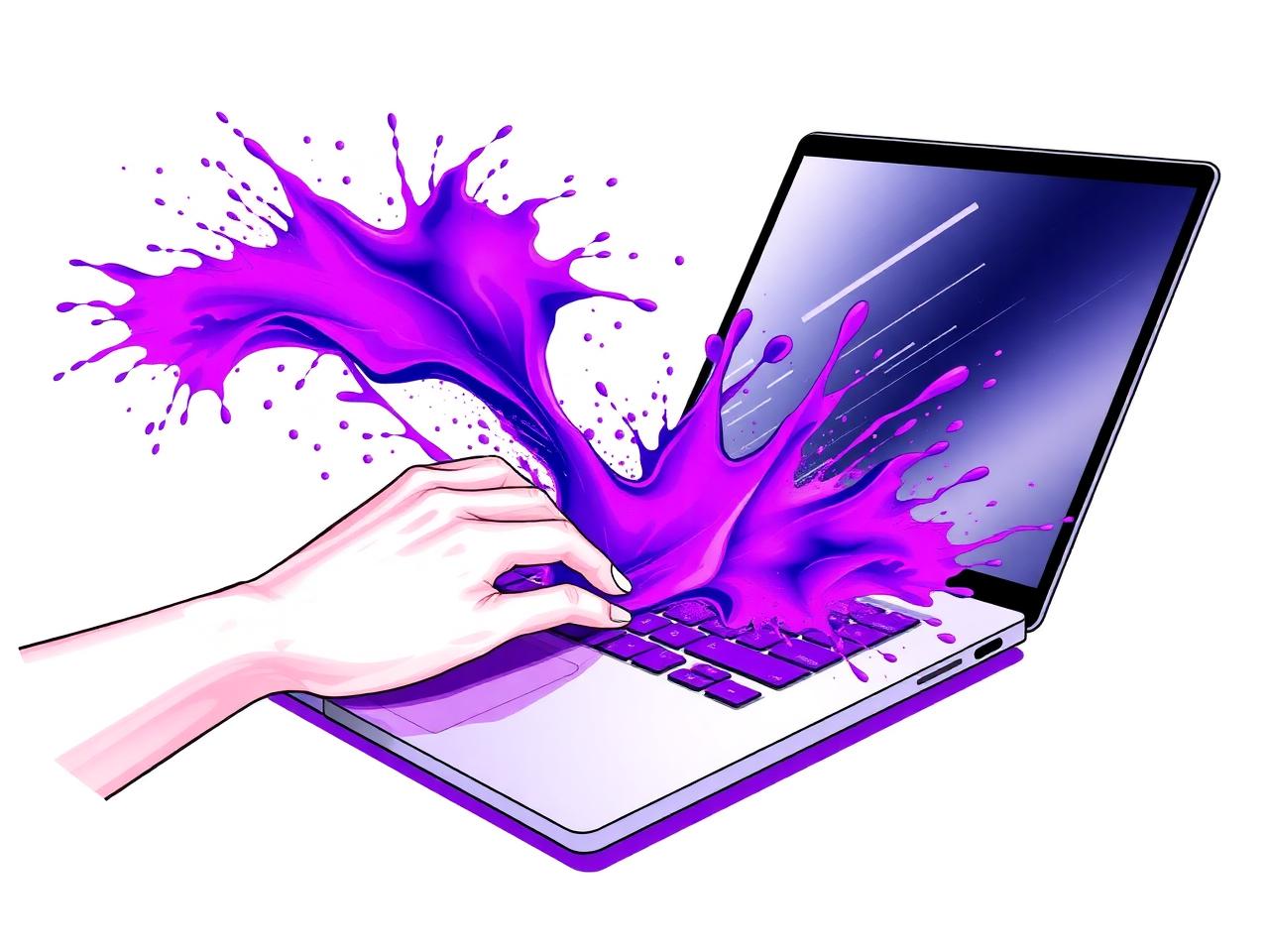 Hands typing with purple paint splashes